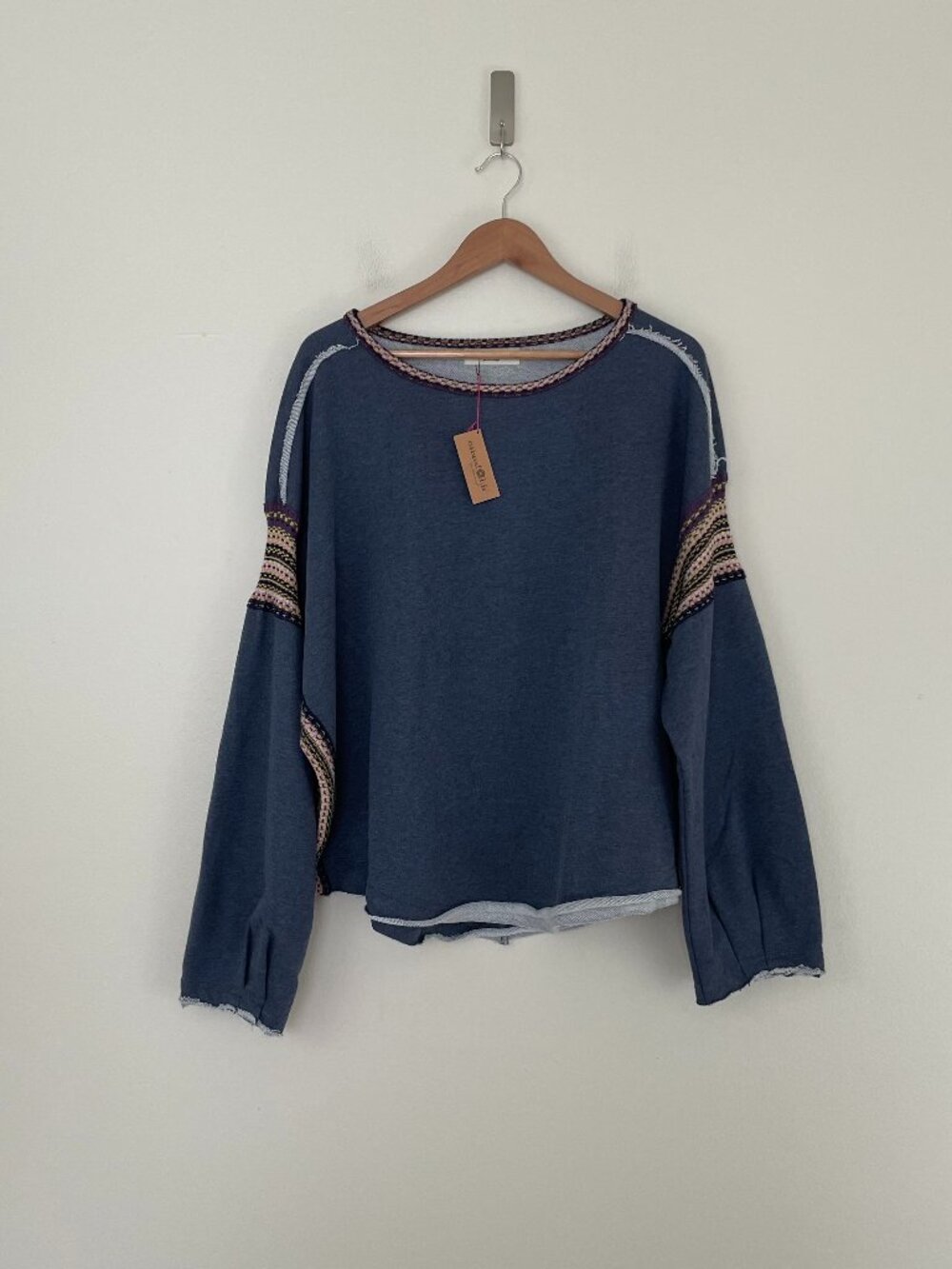 Natural Life Knit Trim Oversized Cotton Sweatshirt in Navy Size L/XL